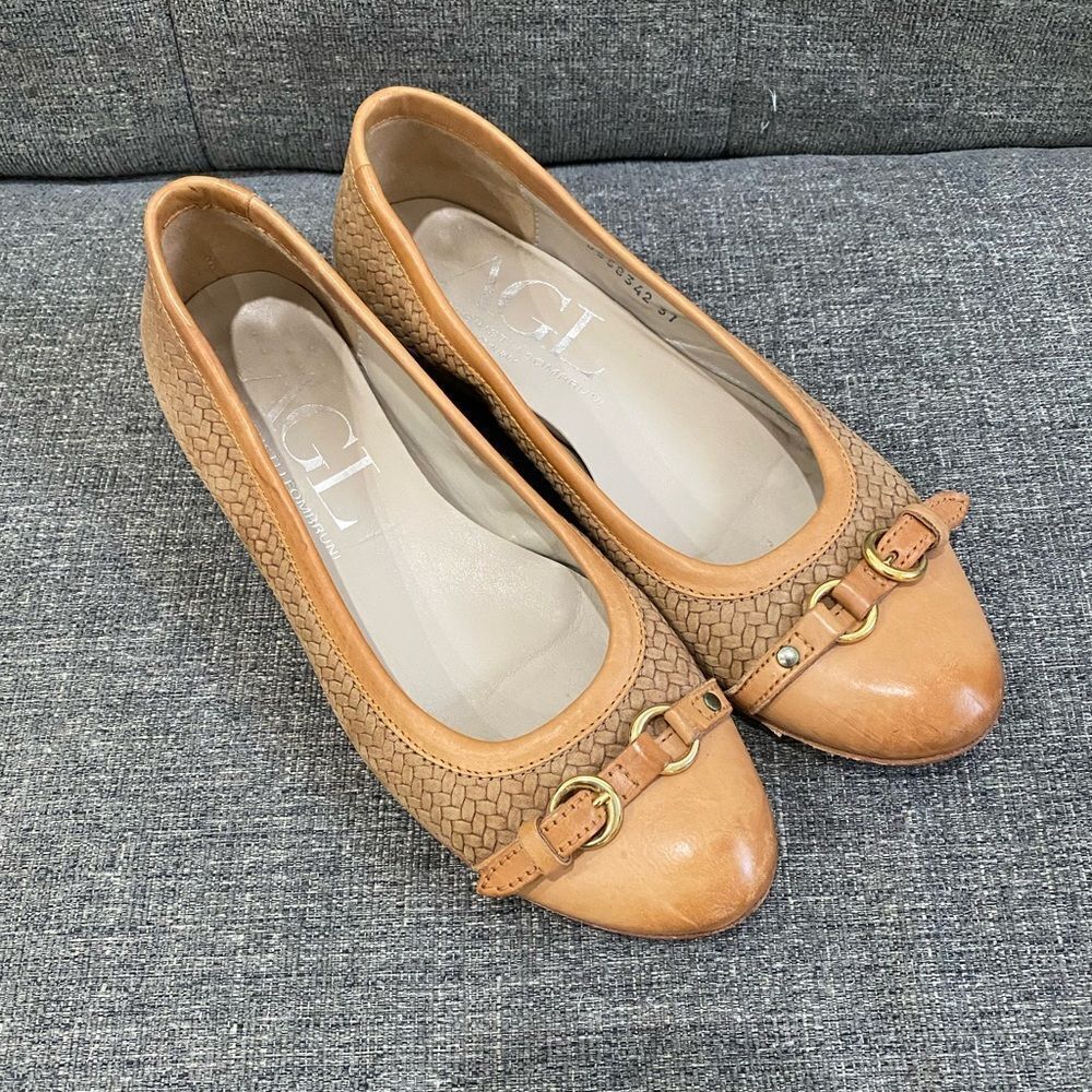AGL Camel Woven Leather Flats with Brass Buckle Women Size 7